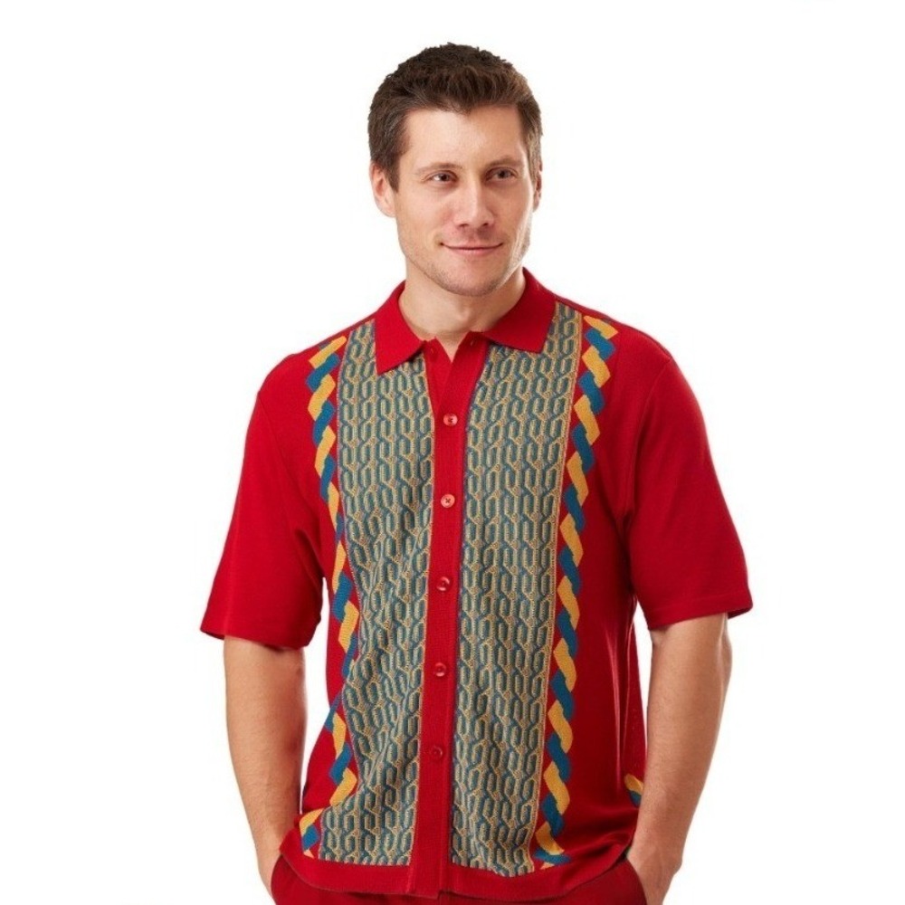 EDITION S Mens 3XL Shirt Rayon Knit Red Multi Chain‎ California Rockabilly Style